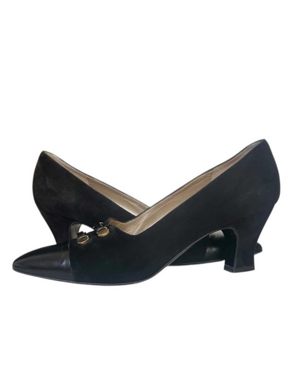 St. John Black Suede Leather Cap Toe Heels with Goldtone Hardware Size 7.5 - Picture 2 of 10